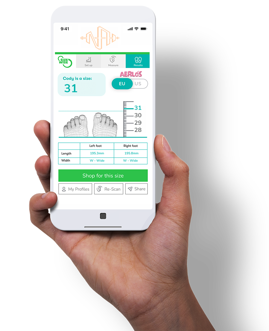 SizeWise results displayed on a mobile phone
