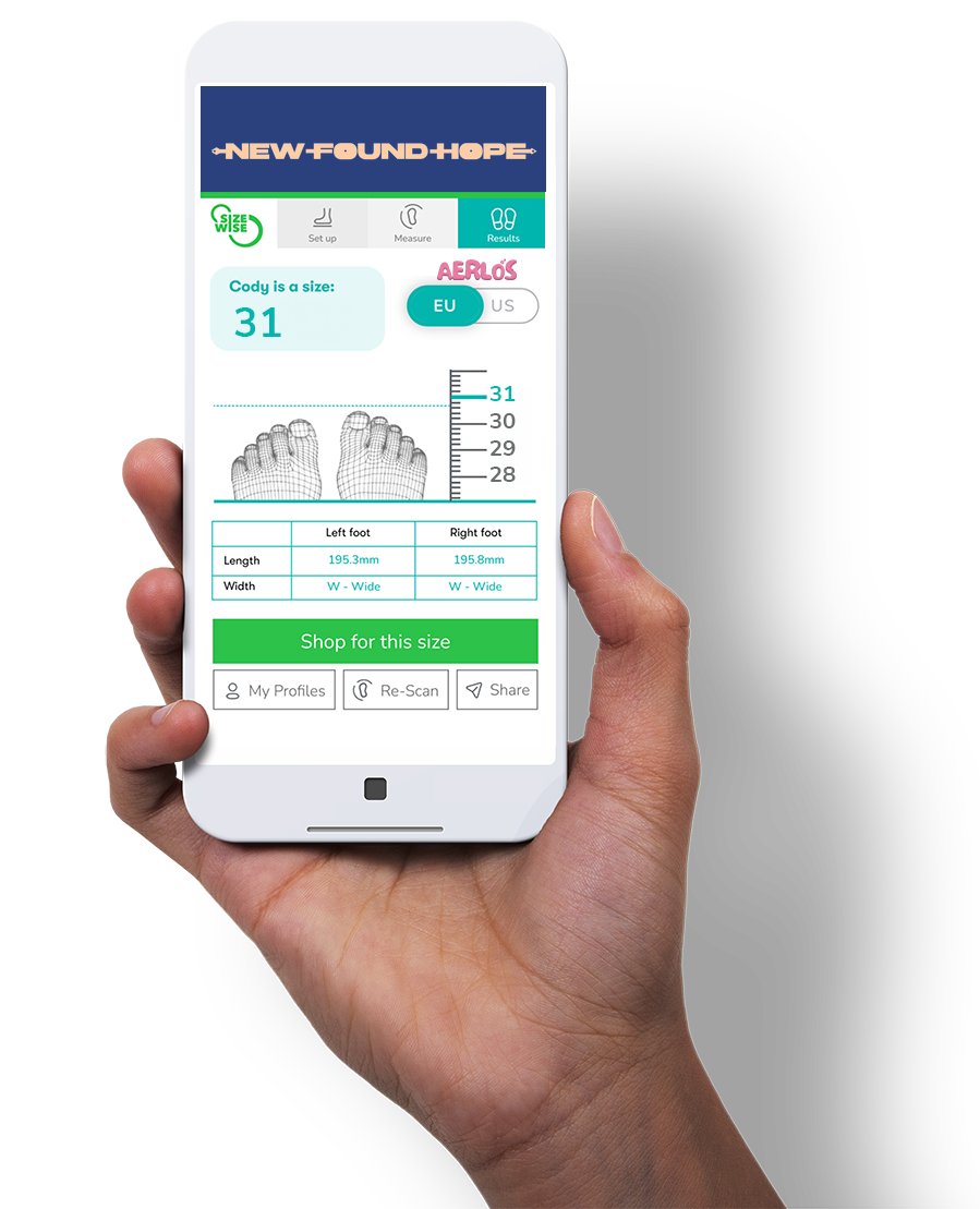 SizeWise results displayed on a mobile phone